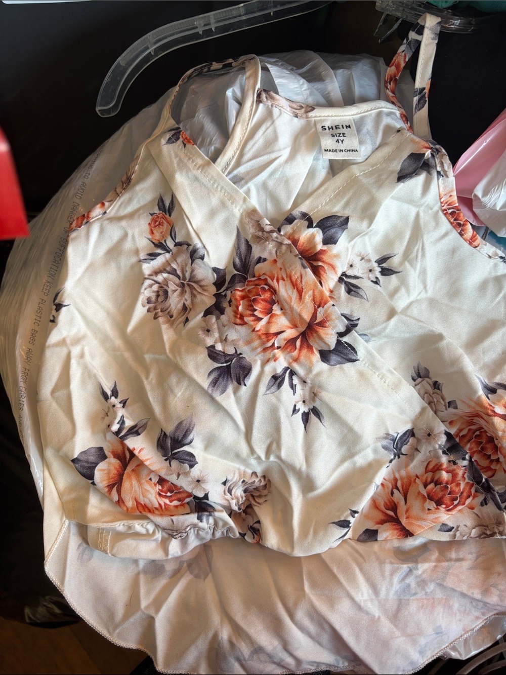 SHEIN girls Cream Floral Wrap-Front Camisole with Orange Blooms 4T
